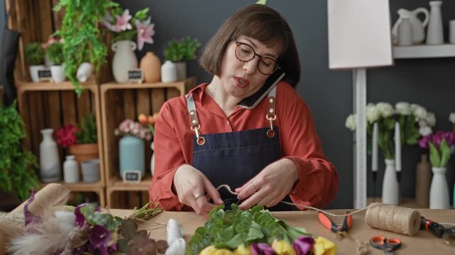 Woman florist arranging a bouquet and tying twine with hands while holding smartphone at shoulder in studio; quiet concentration.