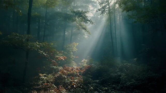 Ethereal Sunlight Filtering Through Dense Misty Forest Canopy Illuminating Soft Green Leaves, Cinematic 1080p Nature Motion Background