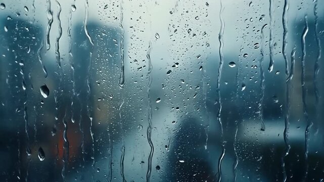 Large Sliding Water Droplets on Window Pane During Rain Storm, Blurred City Lights Background, Atmospheric Full HD Motion