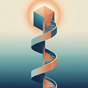 Elegant spiral staircase rising up towards a glowing orange geometric cube and sun halo, symbolizing growth, ambition, and success.