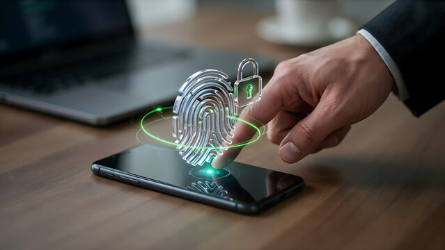 Close up of businessman hand touching smartphone screen with futuristic biometric fingerprint scanning hologram and padlock icon on desk.