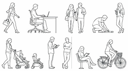 Obraz premium Minimalist line art people collection, architectural scale figures in various activities, black and white vector outlines of diverse urban characters