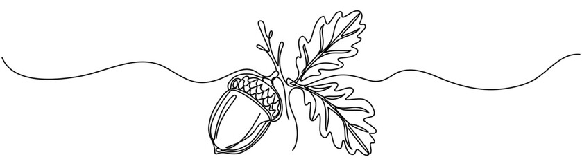 A clean and modern vector illustration of an oak acorn with a single leaf, executed in a trendy single-line style. The smooth graphic line creates a distinctive hazelnut silhouette. Editable stroke © Anastasiia Merenkova