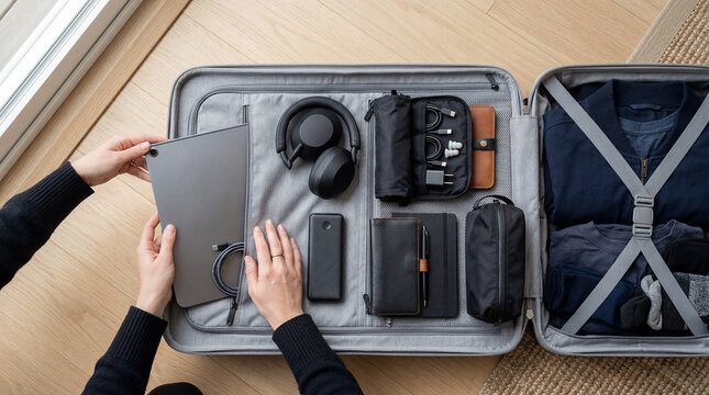 Organized Business Travel Essentials in Suitcase with Electronics and Clothing Flat Lay