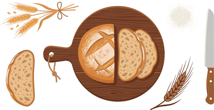 Homemade rye bread loaf flat icon composition with wheat stalks flour and kitchen tool for bakery shop menu