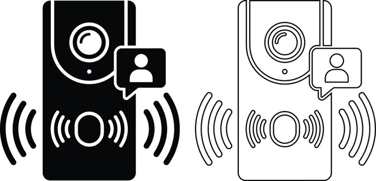 Vector icon set of a smart video doorbell camera with wireless intercom communication and visitor notification, representing modern home security and safety in outline and silhouette.