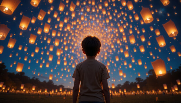 A young boy looking up at a sky filled with many lanterns floating in the air at dusk