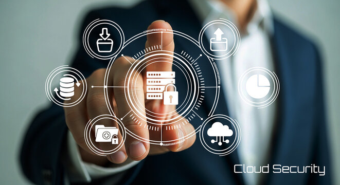 Businessman interacting with cloud security dashboard featuring data protection, encryption, and secure server icons