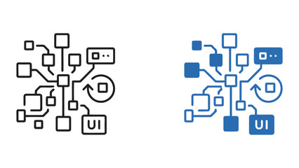 Fototapeta premium Data management system flow chart icon set featuring interconnected nodes and UI blocks for software architecture and database structure visualization in linear and flat styles