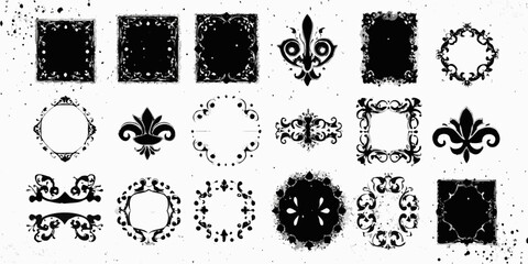 Ornate floral frames and fleur de lis designs black vector illustrations on a white background © Debashis