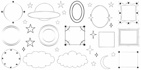 Minimalist Thin Line Vector Shapes Featuring Planets Stars And Geometric Frames astronomy celestial constellation cosmic © Debashis