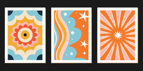 Obraz premium Retro seventies style abstract art prints featuring floral wave and sunburst designs 1970s vintage pattern