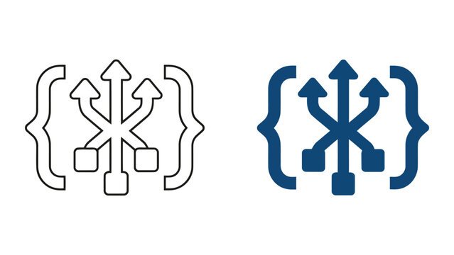 Code refactoring and software development logic icon set featuring branching arrows and bracket symbols in outline and solid vector styles for programming and algorithmic structure concepts