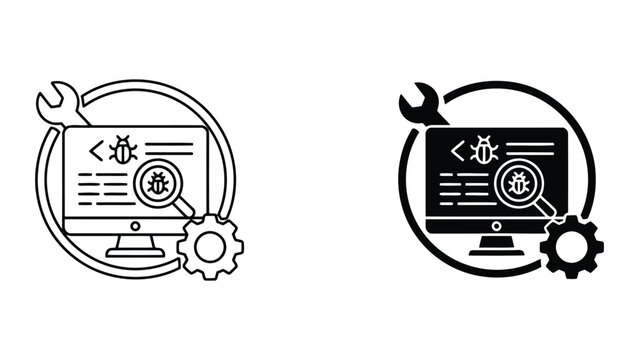 Software bug debugging icon with computer monitor magnifying glass and wrench in line and black solid styles for development testing and technical troubleshooting interface design elements on white