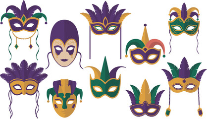 Colorful carnival masks collection with festive mardi gras decorative vector illustration set © Kaiyum