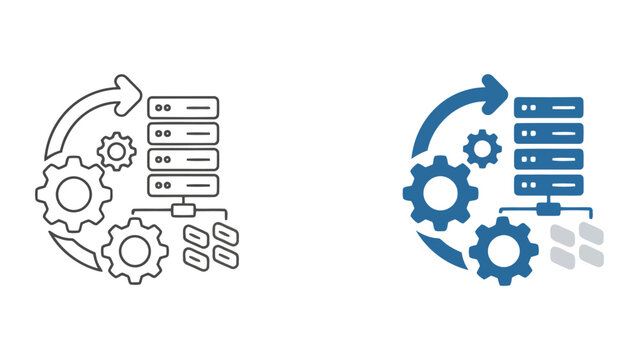Server cluster data management icon with rotational gears for automated infrastructure optimization and scalable database processing systems in modern flat and linear vector graphic design