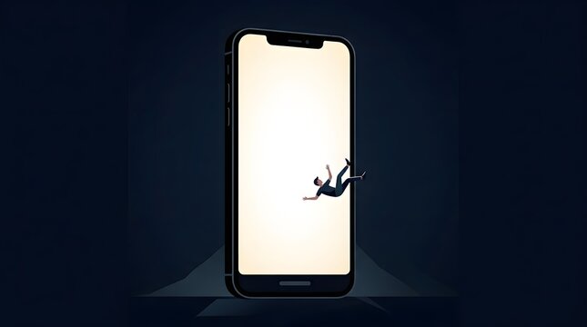 Modern smartphone with floating person icon mimicking falling figure against dark background