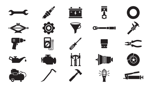 Automotive repair and mechanical workshop tool icons with automotive, mechanical