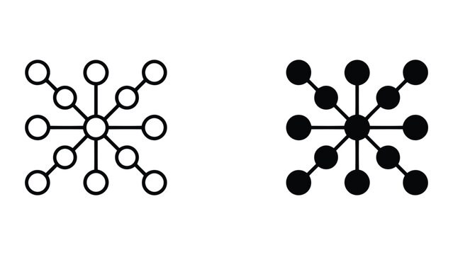 Abstract network connection node diagram showing centralized data point with radiating links in minimalist line art and solid black silhouette styles isolated on a clean white background for tech