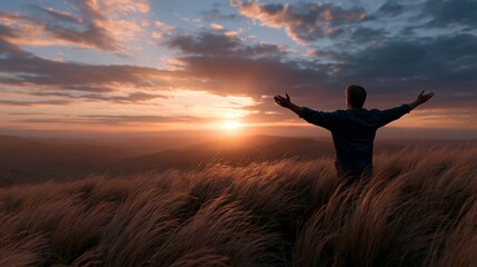 Fototapeta premium solitary figure embracing freedom on mountain meadow at sunset