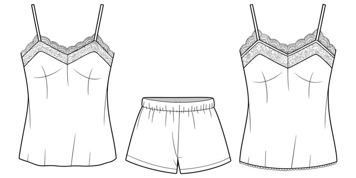 Flat vector illustration of sleepwear, fashion clothing artwork, camisole lace sketch, shorts design illustration, stylish garment concept artwork
