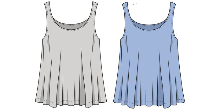 Flat vector illustration of sleeveless scoop neck flared hem top design, fashion garment technical drawing, apparel sketch, clothing pattern, stylish womenswear