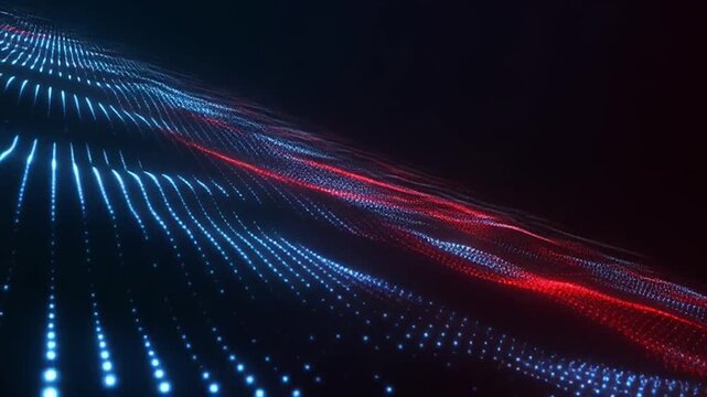 Dynamic digital particles glowing in blue and red across dark technology inspired abstract backdrop