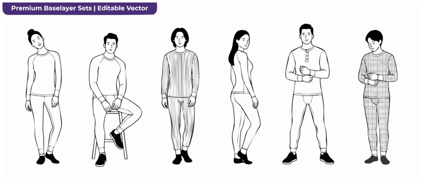 Baselayer set thermal underwear vector drawing featuring men and women models in activewear line art style for apparel mockup template, winter long johns clothing design isolated on a white background