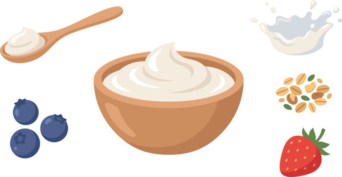 Organic dairy yogurt or curd cream vector icon set with strawberry blueberry grains spoon for breakfast menu card