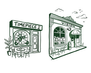Fototapeta premium Vintage shopfront illustrations. Timepiece and vision boutique store facades. Hand drawn line art street scene. Small business retail concept.