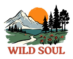 Obraz premium Wild Soul vintage mountain illustration. Hand-drawn sunset landscape with forest and path. Retro adventure badge design.