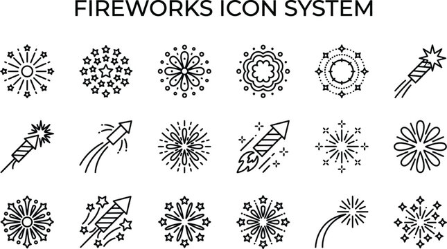  Black Outline Fireworks Icon System With Rockets Stars And Celebration Elements