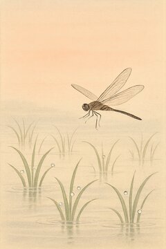 Serene zen moment with dragonfly over tranquil morning wetland