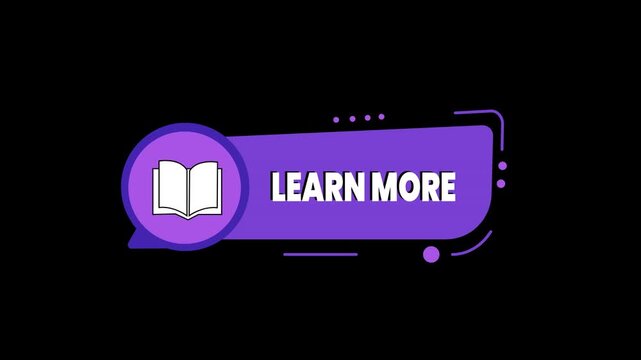 Learn more button with book icon on black background