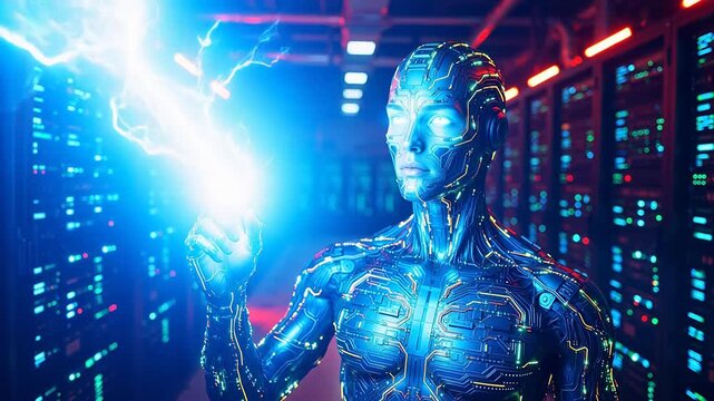 Cyborg in server room with glowing circuits