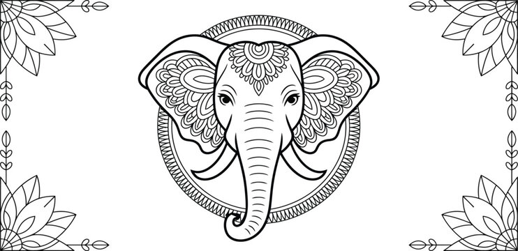 Black and white elephant head, mandala art, line drawing, decorative border, floral patterns