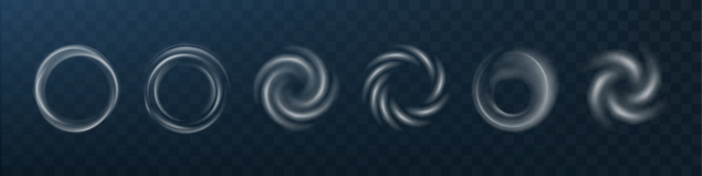 Round air flow vortex with smooth spiral wind motion and glowing light effect. Fresh circular breeze element isolated on dark background