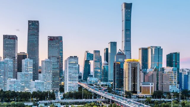 Day to Night Timelapse of Traffic at Guomao CBD and Guomao overpass in Beijing, China