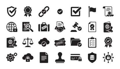 Fototapeta premium Business and legal validation checkmark flat icons set with checkmark, handshake