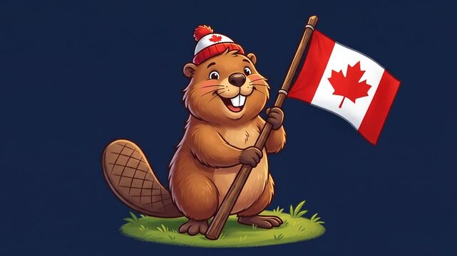 Cute cartoon beaver mascot wearing winter hat and waving Canadian flag in looping animation