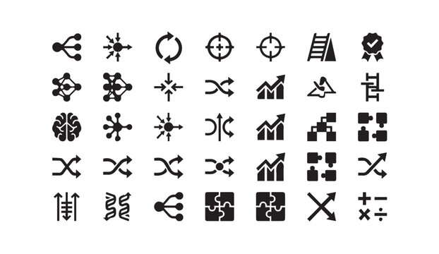 Business strategy and data process optimization icon set with business, strategy