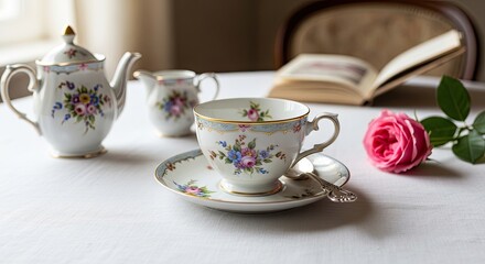Fototapeta premium A delicate porcelain tea set sits on a white linen tablecloth. A floral teacup and saucer, adorned with colorful flowers, are accompanied by a teapot and a silver spoon.