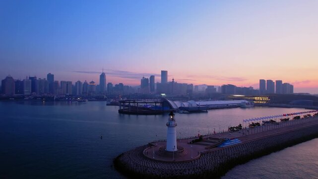 Early morning aerial view of Lover's Dam in Qingdao, Shandong Province, China	