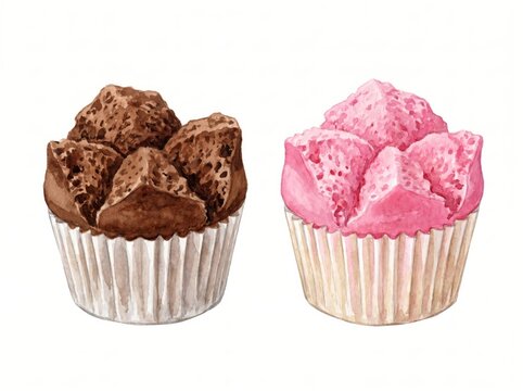 Watercolor: Traditional Indonesian Bolu Kukus Steamed Cupcakes, Pink & Chocolate. Sweet Asian Dessert Snack on Isolated White. Bakery Menus, Food Blogs, Recipes.