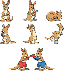 Obraz premium Cute kangaroo character poses and boxing expressions vector set