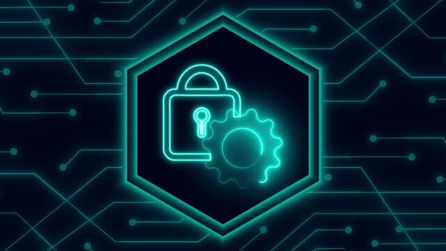 Security protection animation meshes neon lock symbols. Technical security protection animation spins engineering gear wheels. Safe security protection animation secures servers.