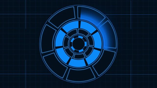 Interface animation rotates circular blue HUD screens. High tech interface animation grids geometric tracking dials. Clean interface animation loops tracking dashboard graphics.