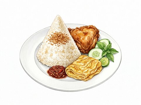 Delicious Traditional Indonesian Nasi Tumpeng Meal Illustration with Ayam Goreng, Spicy Sambal, Omelette, Cucumber, and Basil on White Isolated Background, Asian Culinary Art