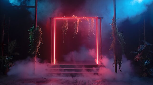 Glowing red geometric portal in dark mystical forest scene