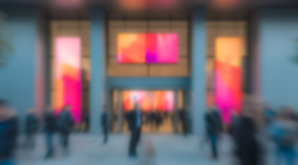 Obraz premium Blurred corporate event space with motion and crowd activity capturing a professional trade fair atmosphere with commerce and innovation theme.